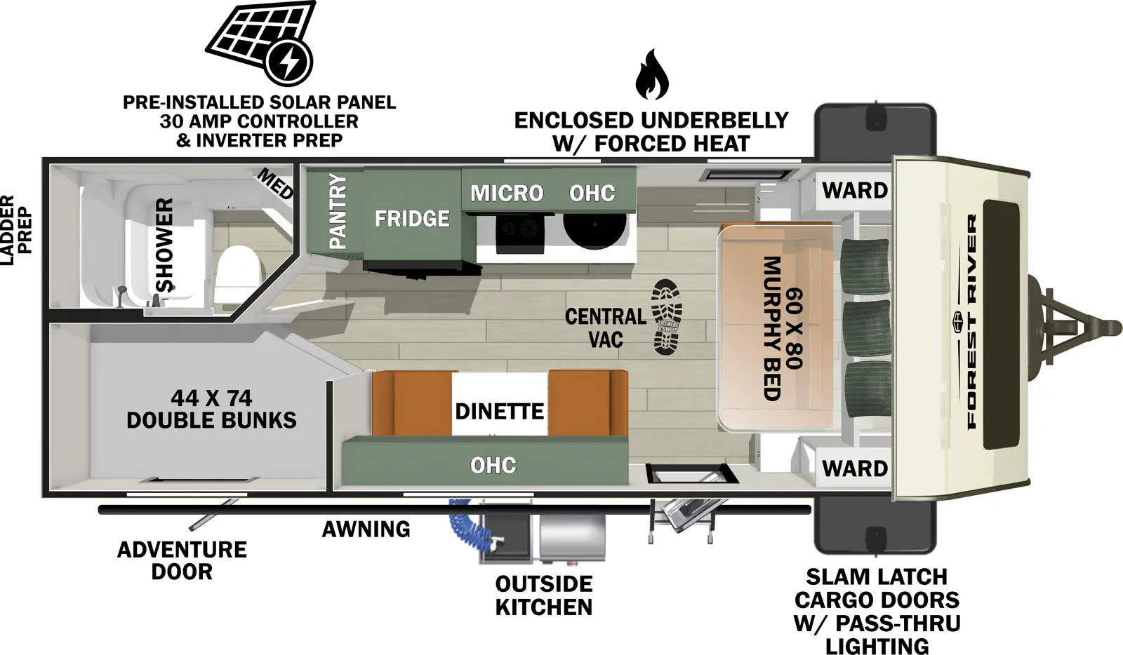 The No Boundaries NB19.3 floorplan has one entry and zero slide outs. Exterior features include: fiberglass exterior. Interiors features include: bunk beds and murphy bed.